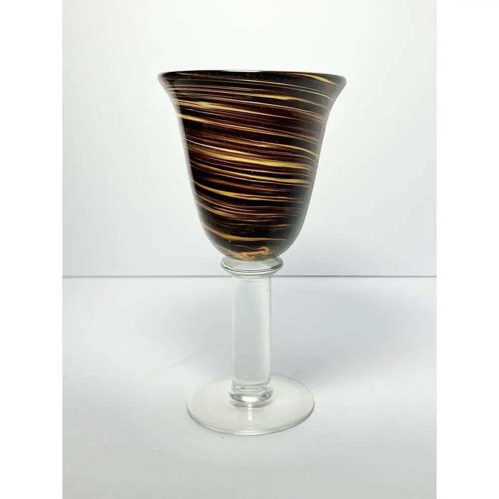 5 Handblown Murano-style Brown Amber Swirl Water or Wine Goblets 8 1/4” 14oz